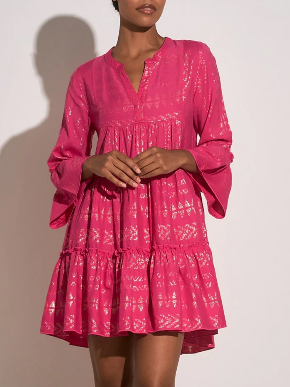 Elan Clara Tiered Midi Dress in Raspberry Metallic Combo Sz L EUC $99R - Picture 1 of 7